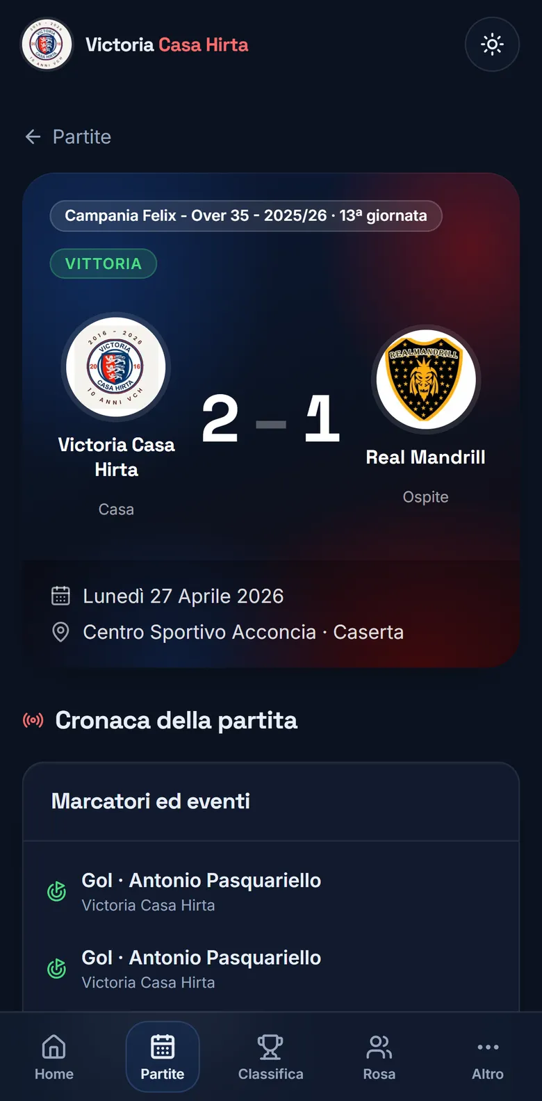 Pagina partita dell'app del Victoria Casa Hirta
