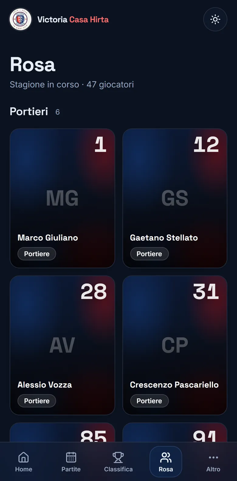 Rosa della squadra nell'app del Victoria Casa Hirta